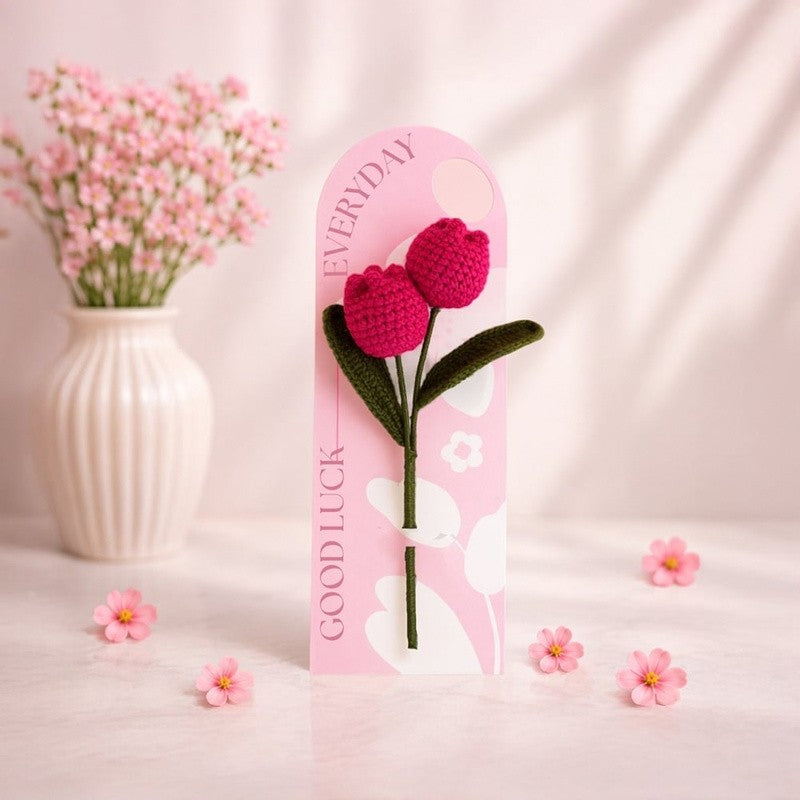 Handmade pink tulip crochet flower wish card by Fourloom