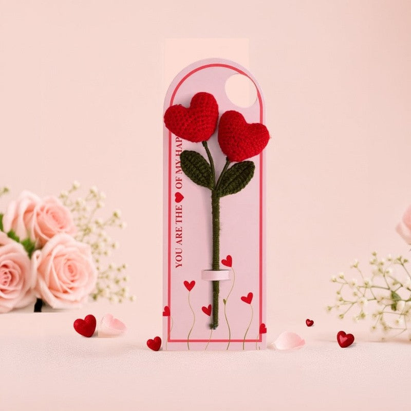 Handmade red heart crochet flower wish card by Fourloom