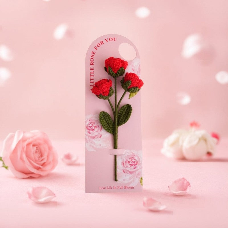 Handmade red rose crochet flower wish card by Fourloom